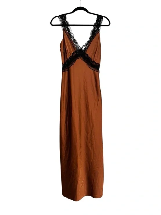 NWT Abercrombie and Fitch Brown Satin Lace-Trim Slip Midi Dress SMALL TALL - Picture 2 of 8